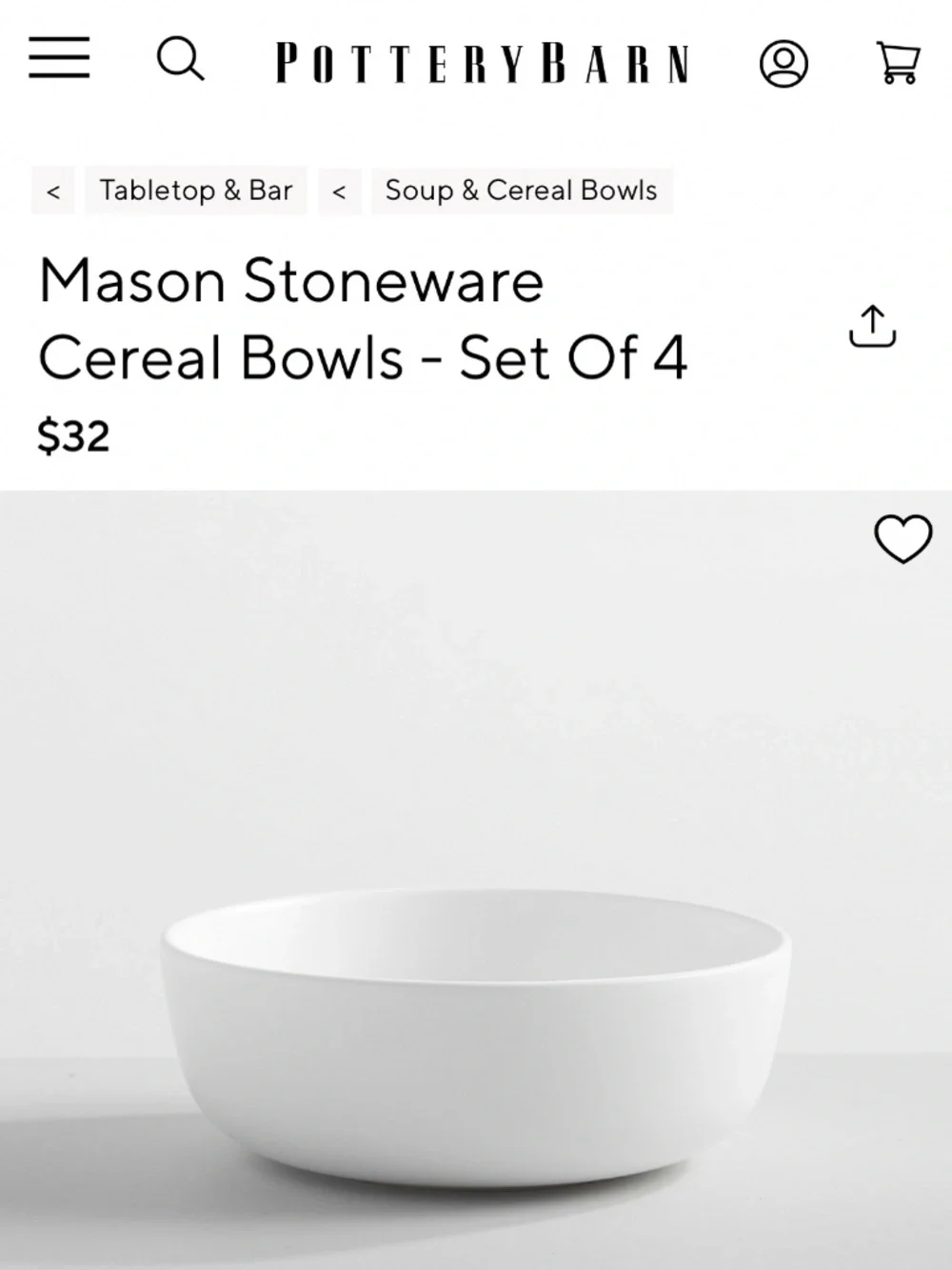 PotteryBarn Mason Stoneware Cereal Bowls- Set of 4